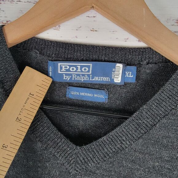 Polo Ralph Lauren Sweater Mens XL Gray Merino Wool V Neck Pullover EUC - Picture 6 of 8